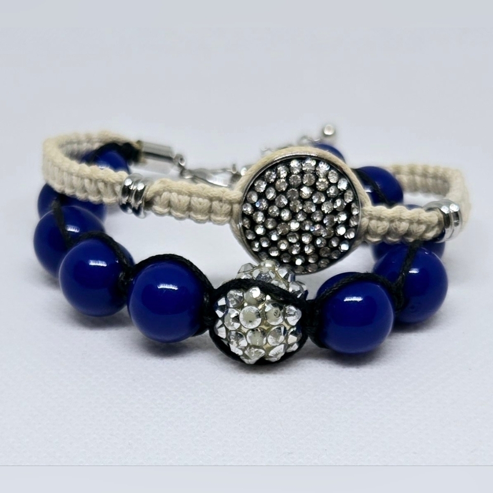Blue Beaded Bracelet Set Macrame Crystal Stackable Silver Tone